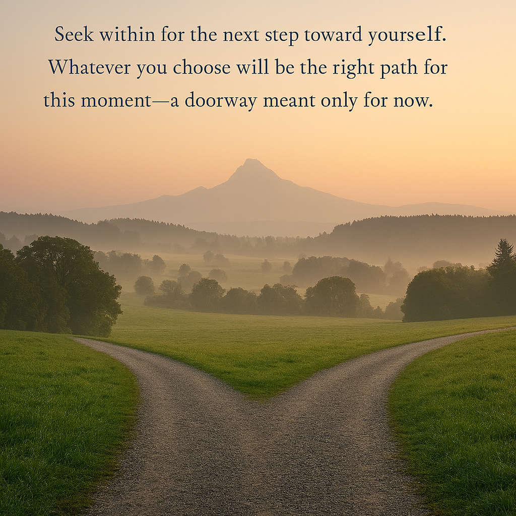 A split path in a misty field with distant light, representing a moment of choice.